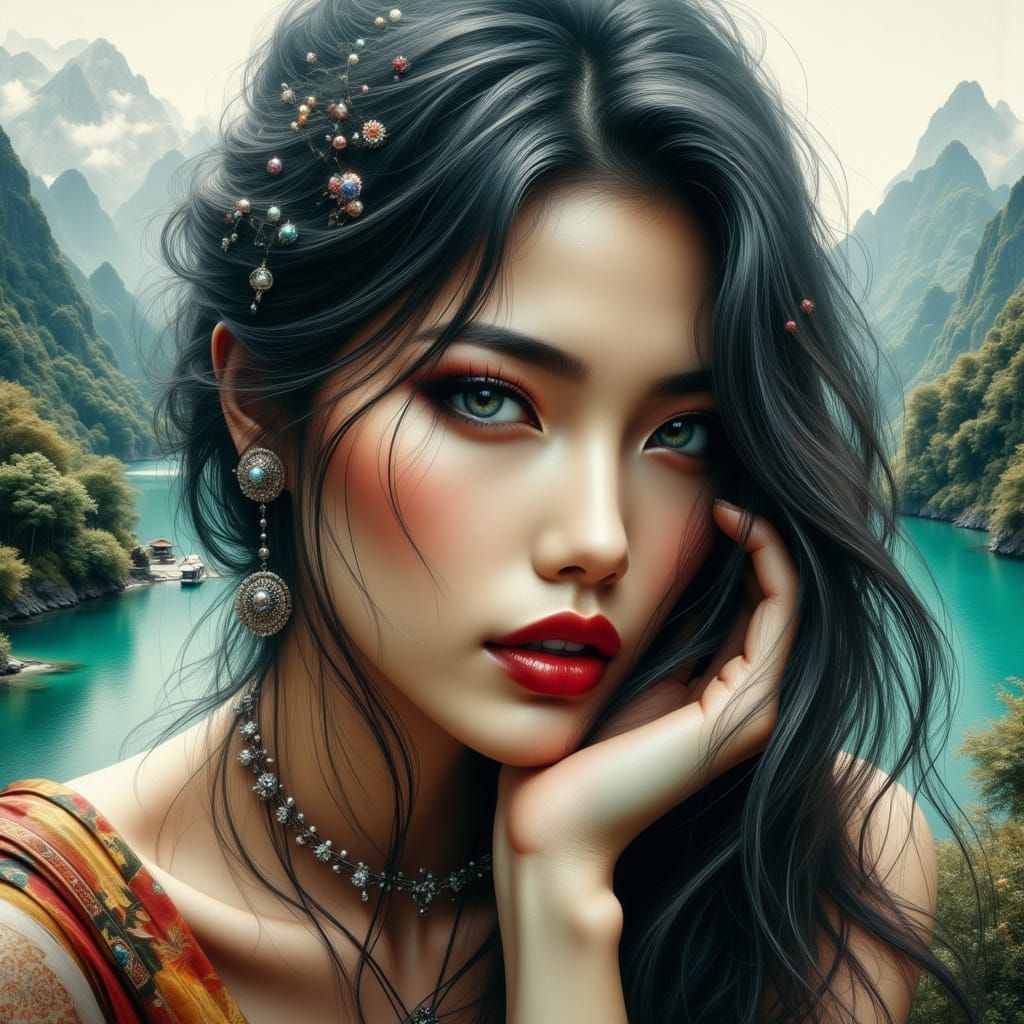 Elegant Asian Woman in Noir Comic Art Style