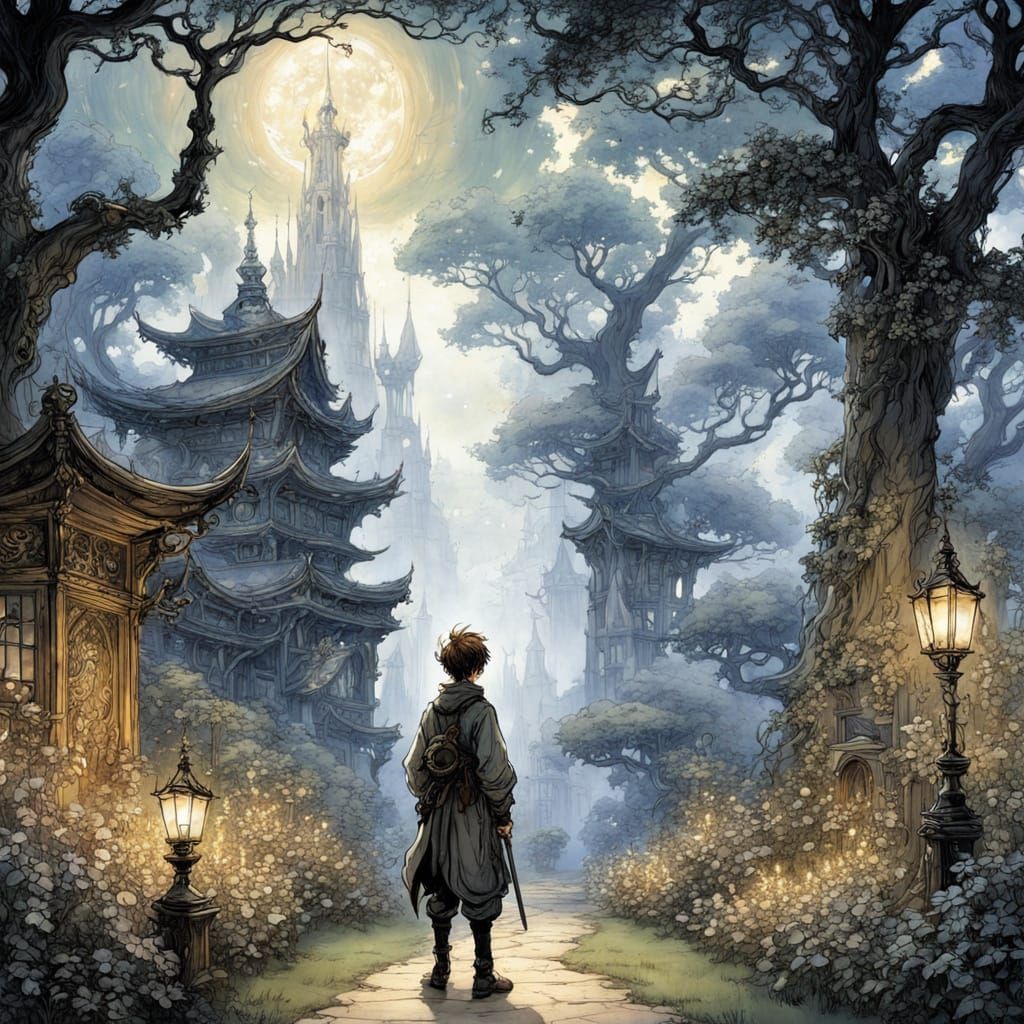 Whimsical Anime-Inspired Scene of a Boy Gazing at Buildings ...