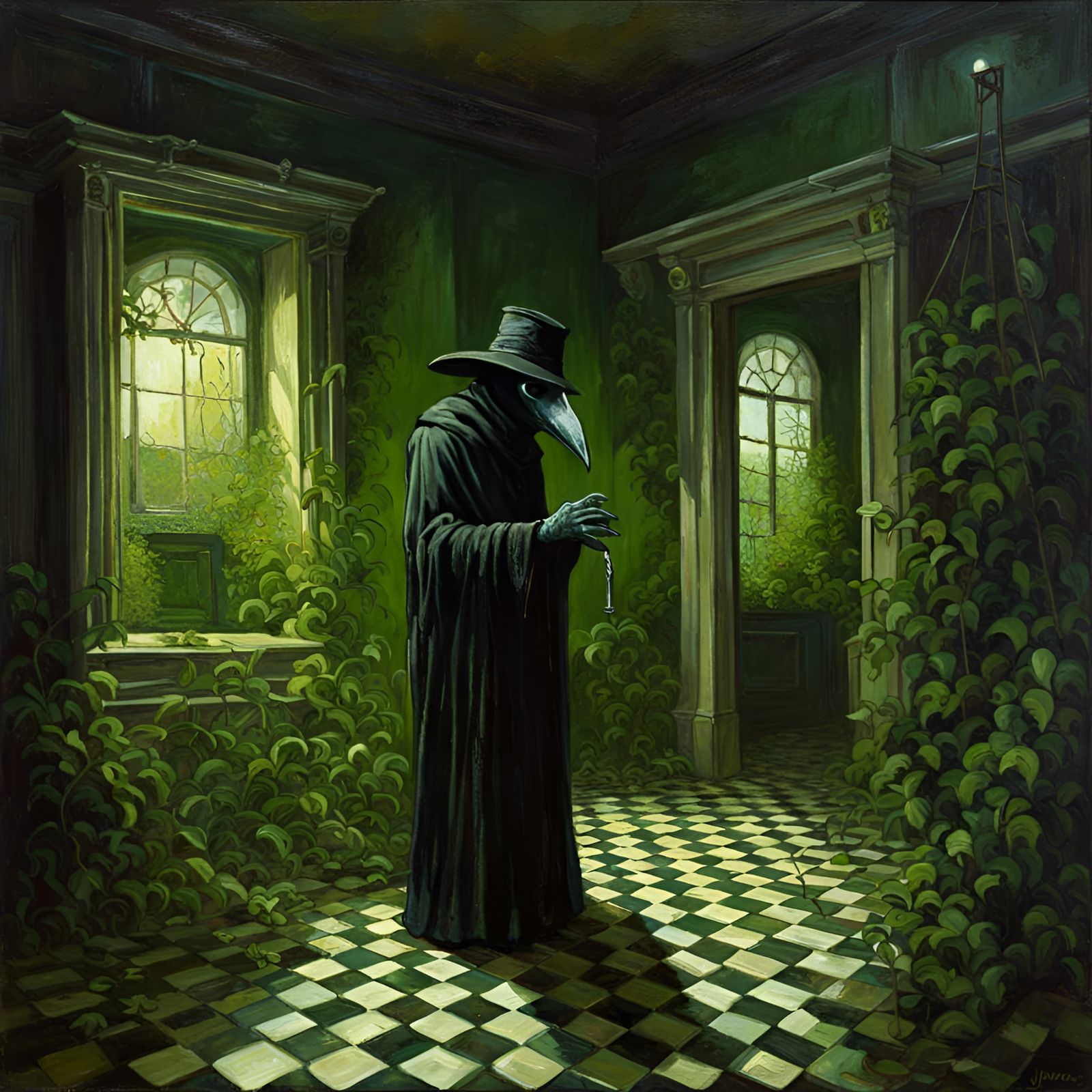 Plague Doctor in Overgrown Victorian Room