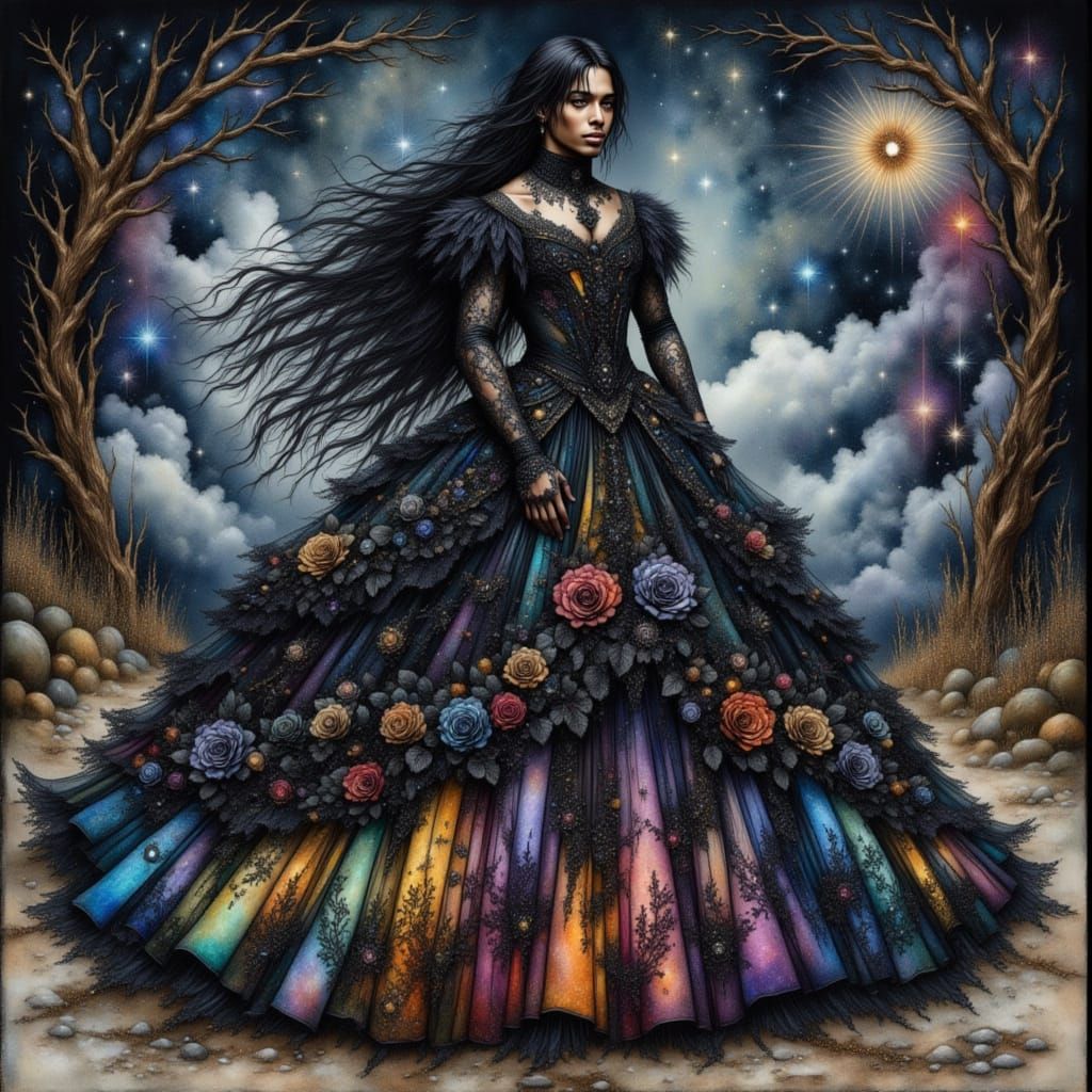 Goth Man in Rococo Gown Amidst Dark Fantasy Nature