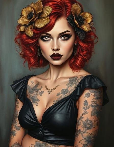 Captivating Redhead with Floral Tattoos as Oil Painting