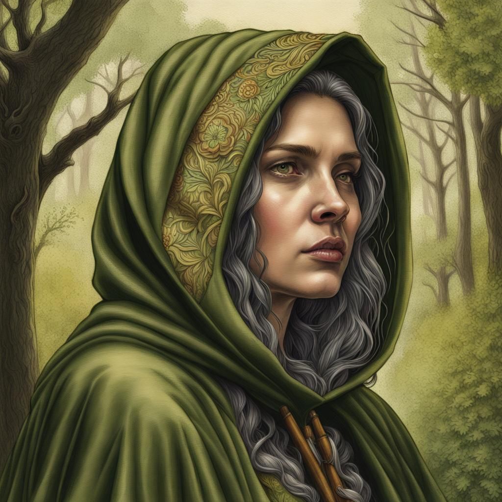 Medieval Woman in Woods, Pencil Color Drawing