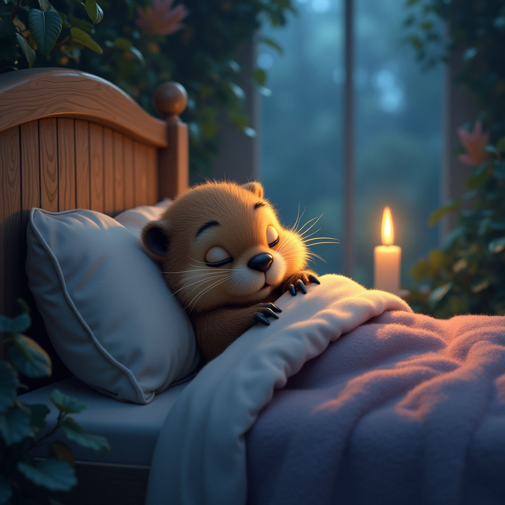 Cute Beaver Dreams in Cozy Bed: Matte Painting