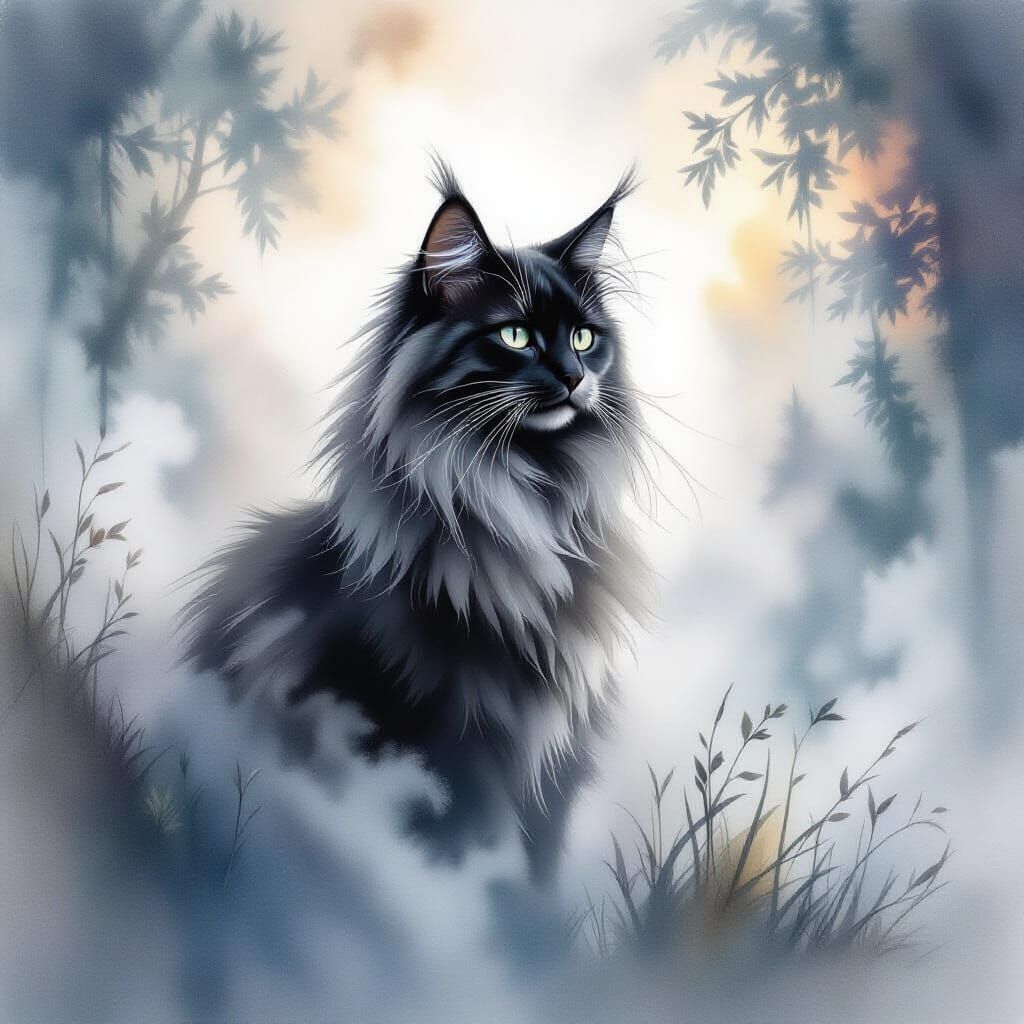 Norwegian Forest Cat in Romantic Mist, Watercolor Style