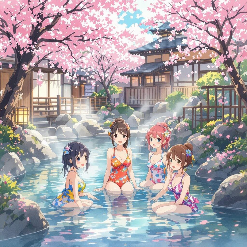Anime Girls at Bathhouse in Watercolor Style