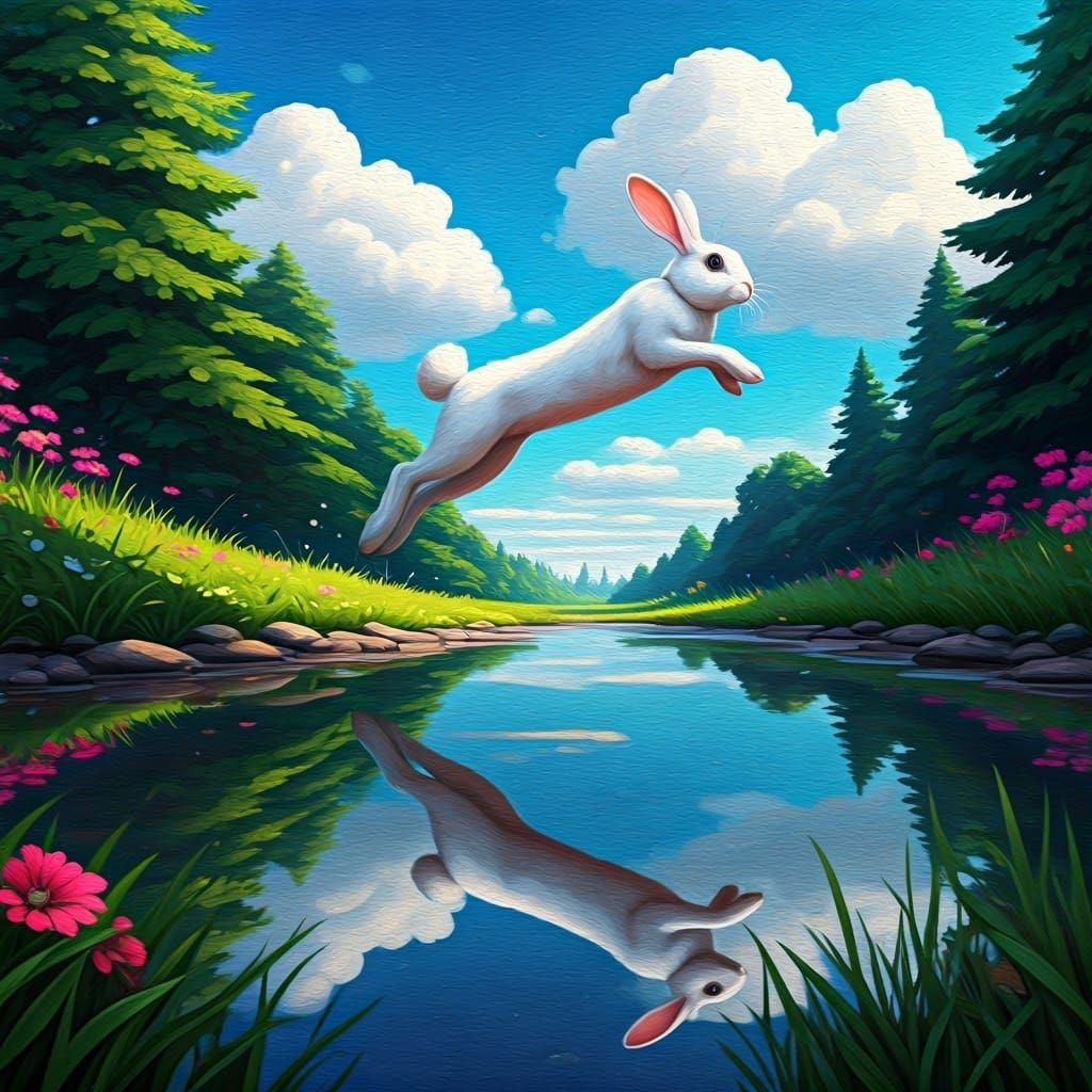 Elegant White Bunny Leaping in Impressionist Style