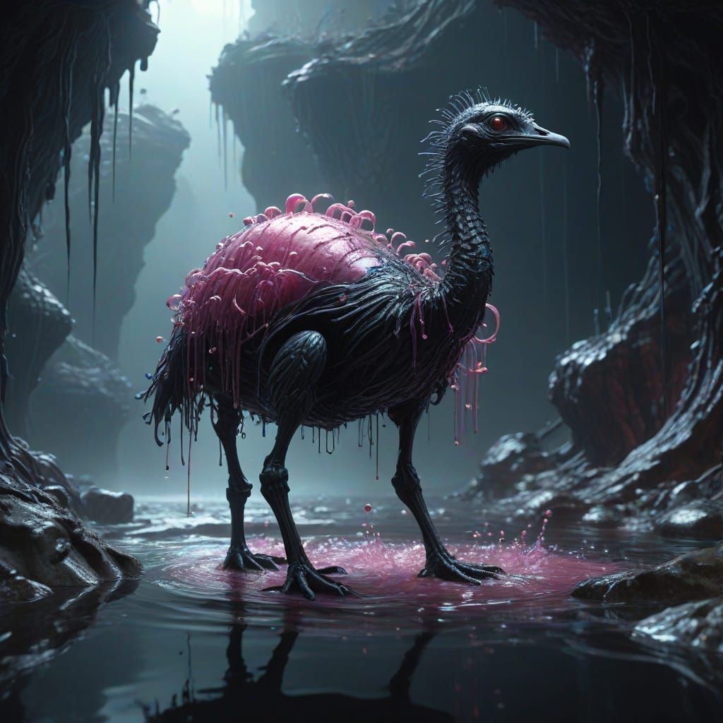 Surreal Hyperrealism of a Biomechanical Emu Emerging from Ob...