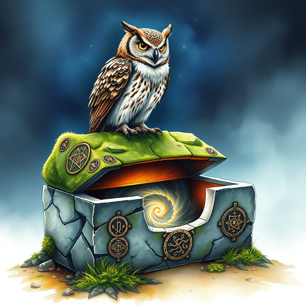 Wise Owl Guardian of Cosmic Chest in Watercolor