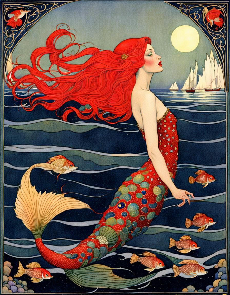 Red-Haired Mermaid in Art Nouveau Style