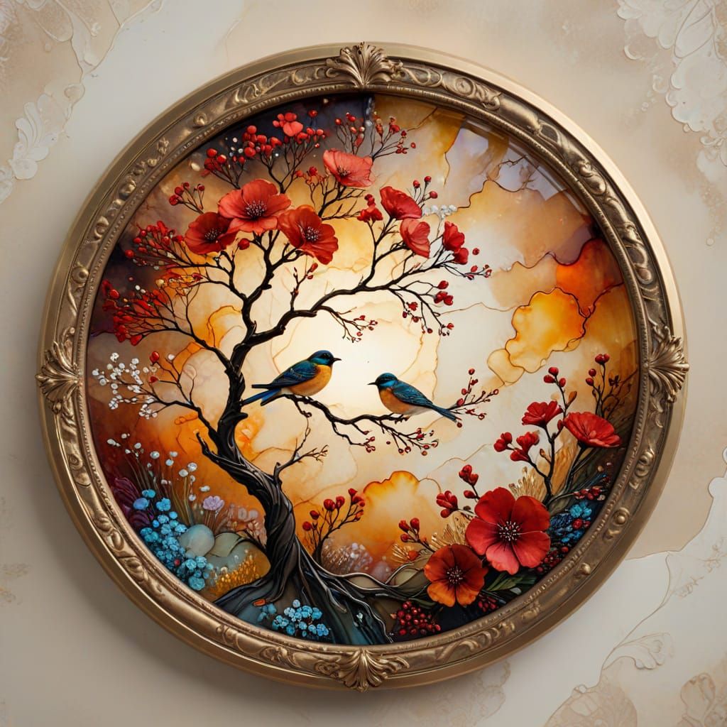 Amber Ink Art: Bird on Tree with Flowers and Gold Frame
