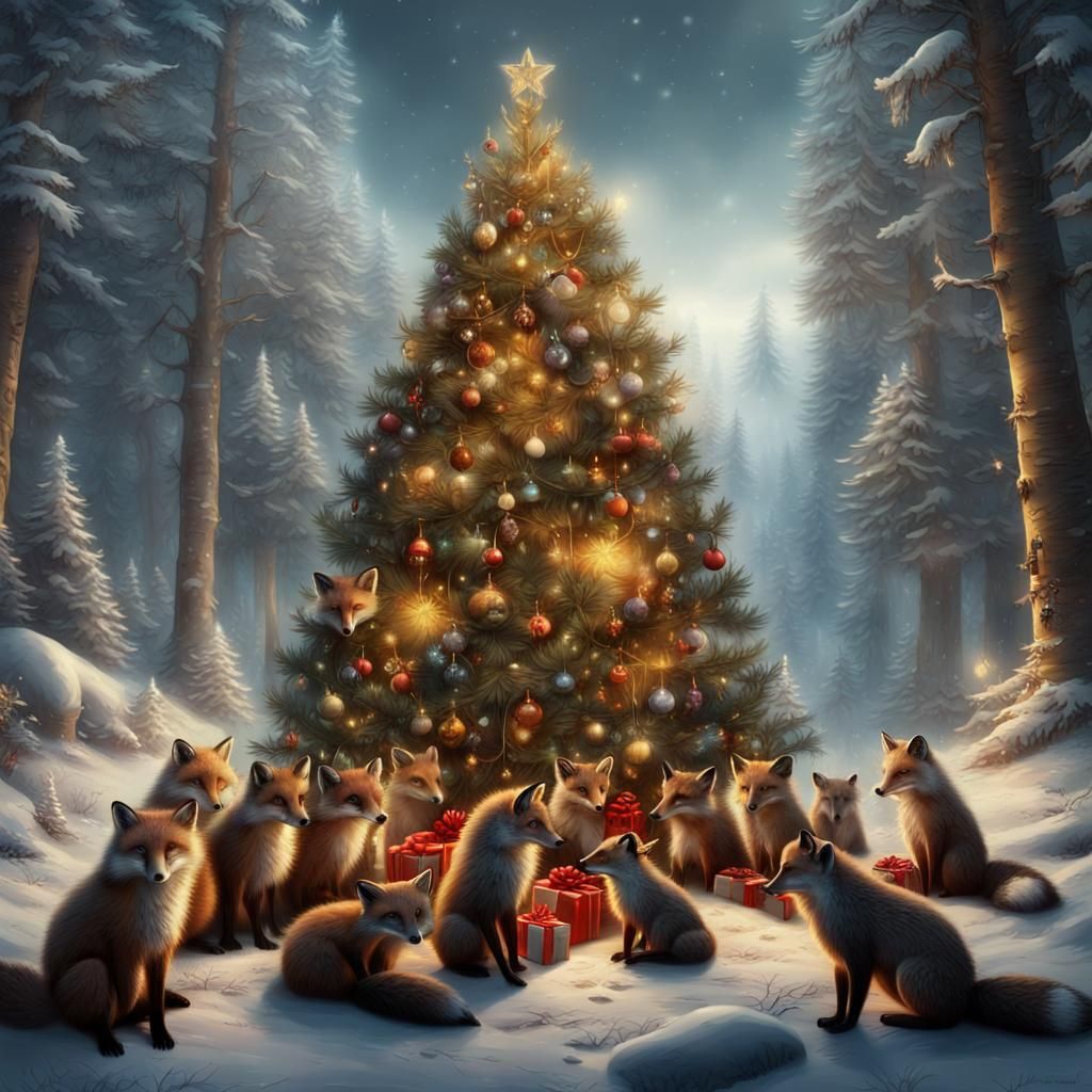 Festive Forest Animals Celebrate Christmas: Digital Painting