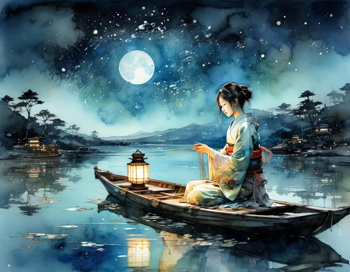 Watercolor Japanese Beauty with Lantern at Night