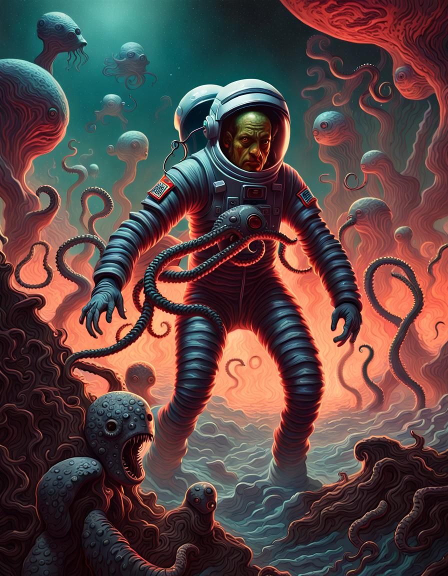 Astronaut vs Space Octopi in 1950s Sci-Fi Art