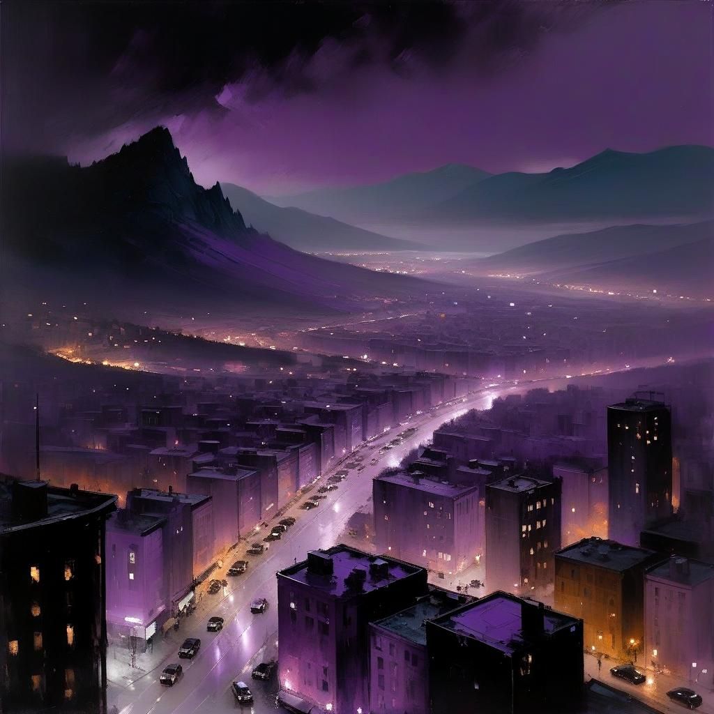 Purple Midnight Cityscape Oil Painting