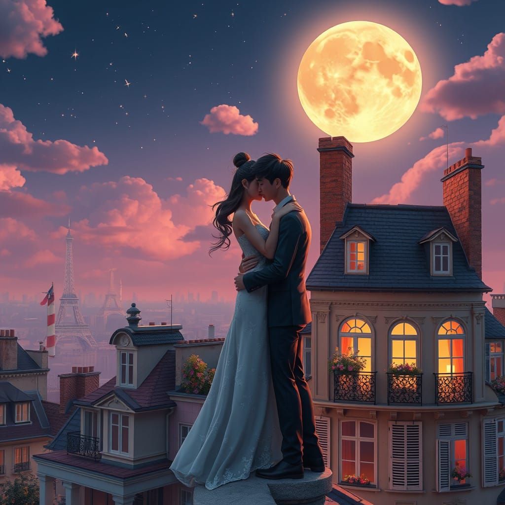 Dreamy Parisian Rooftop Romance in Vibrant 3D Cartoon Style