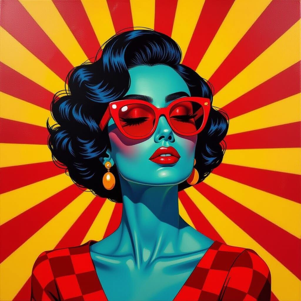 Blue-Skinned Woman with Retro Hair in Expressionist Style