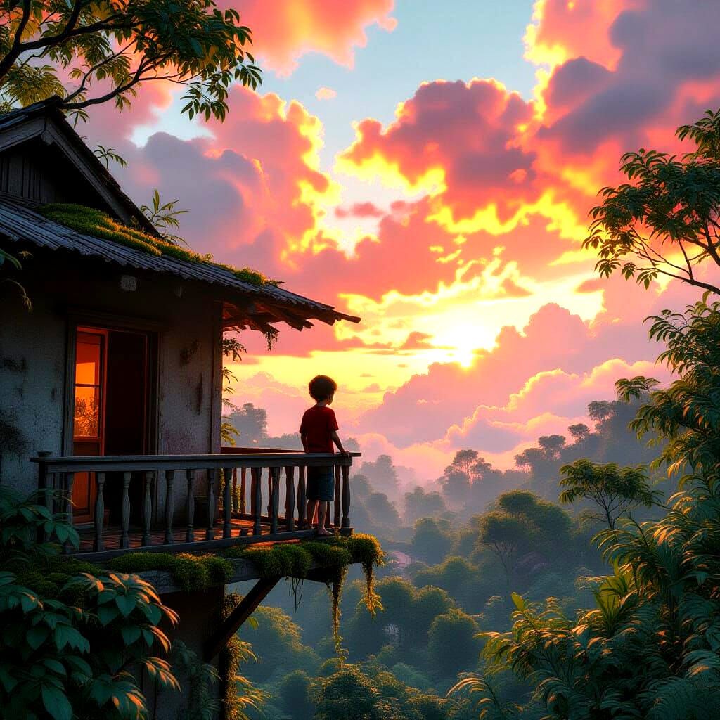 Boy on Mossy Balcony Overlooking Magical Jungle