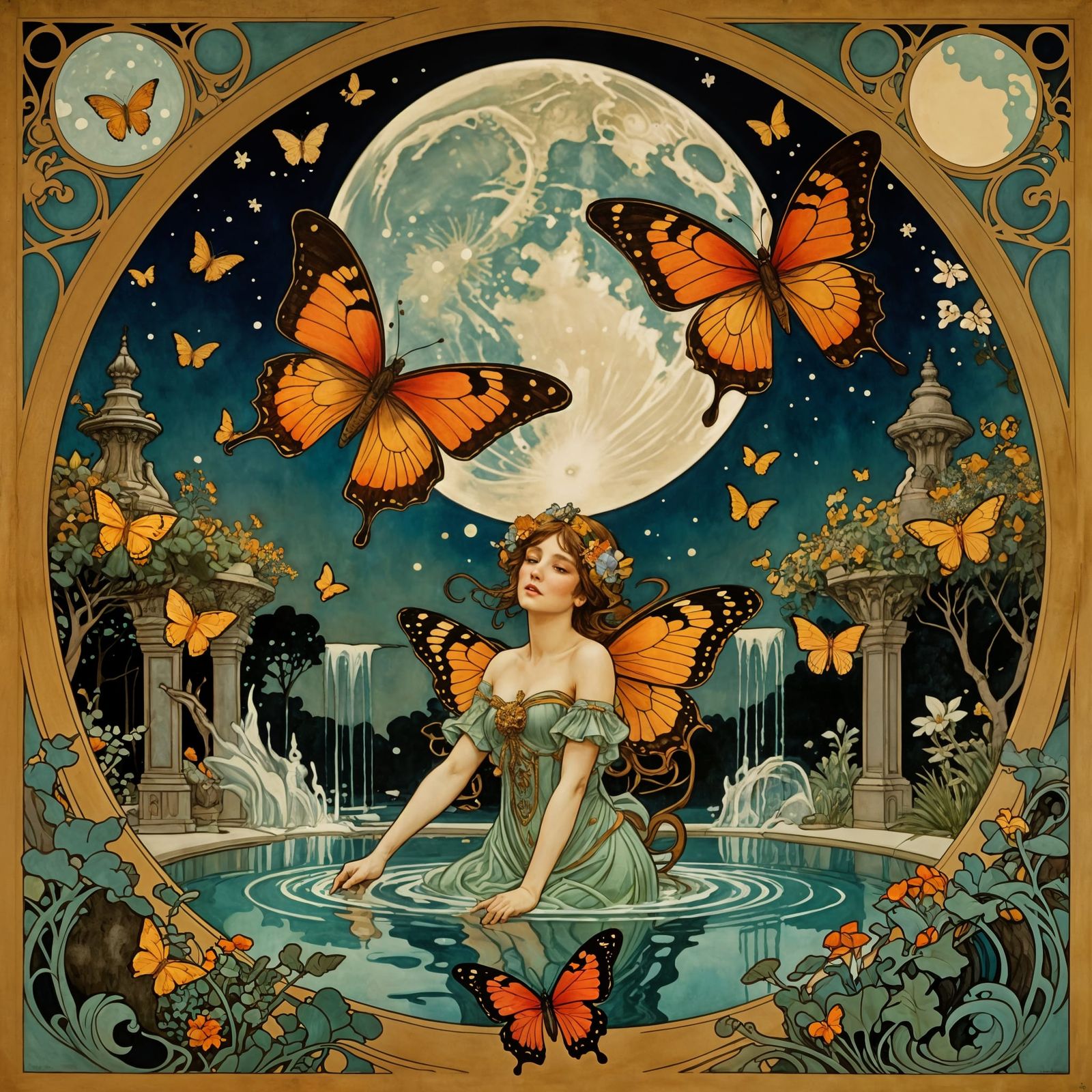 A Dreamy Art Nouveau Scene Under a Full Moon
