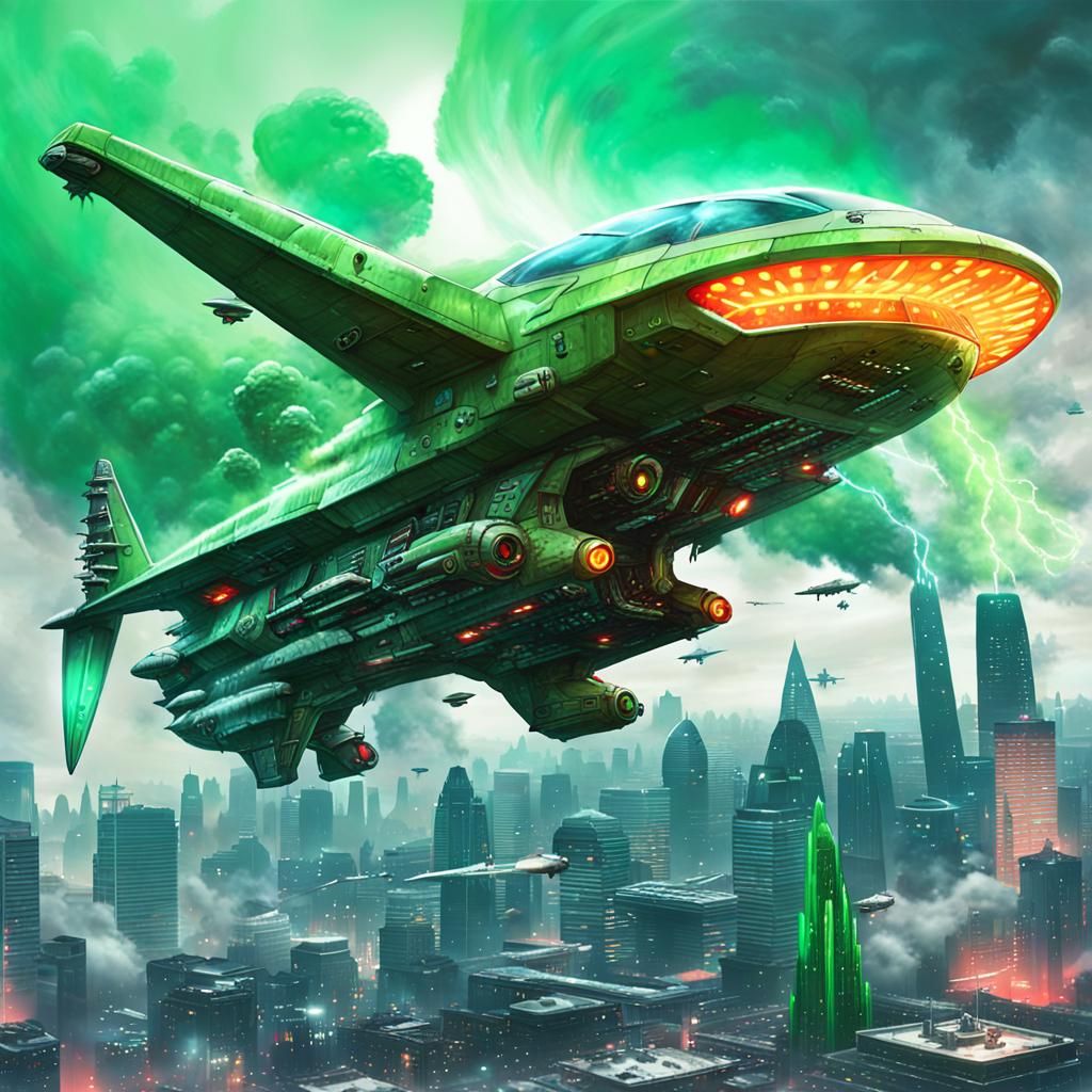 Cyberpunk Alien Guitar Jet Ascends over Metropolis