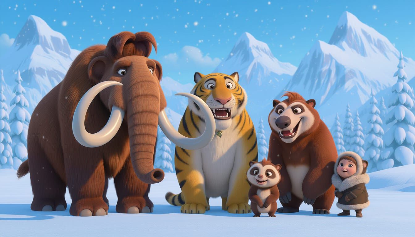 Cartoon Prehistoric Animals in Snowy Ice Age Landscape