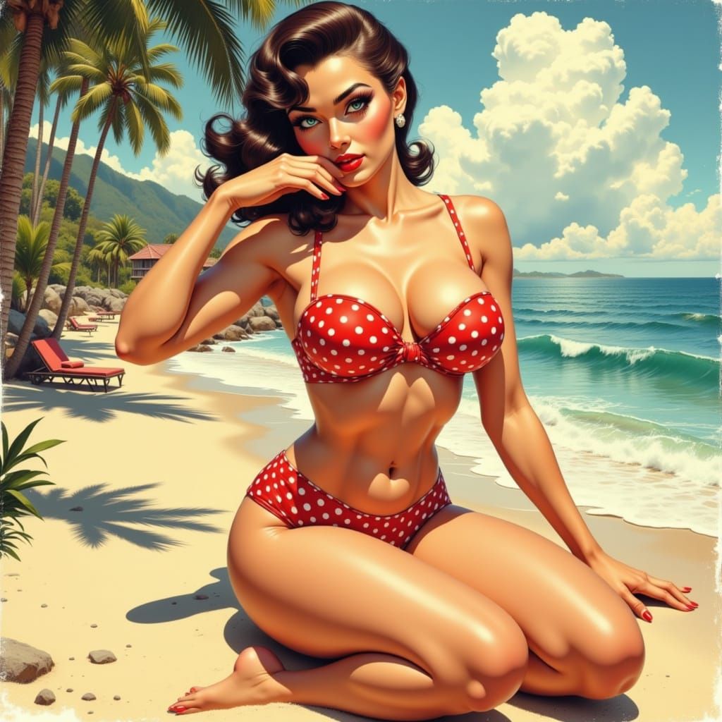 Vintage Pin-Up Beauty on a Sun-Kissed Beach