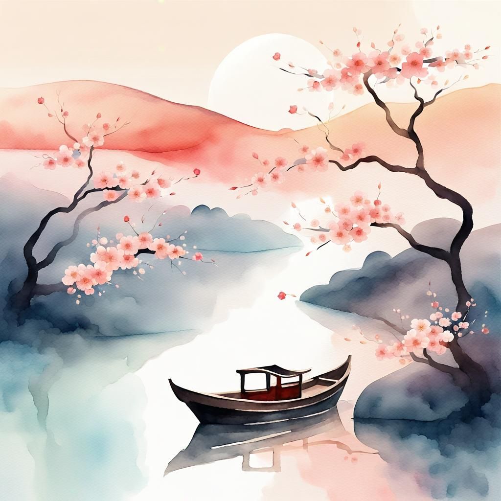 Lunar New Year River Scene in Watercolor Style