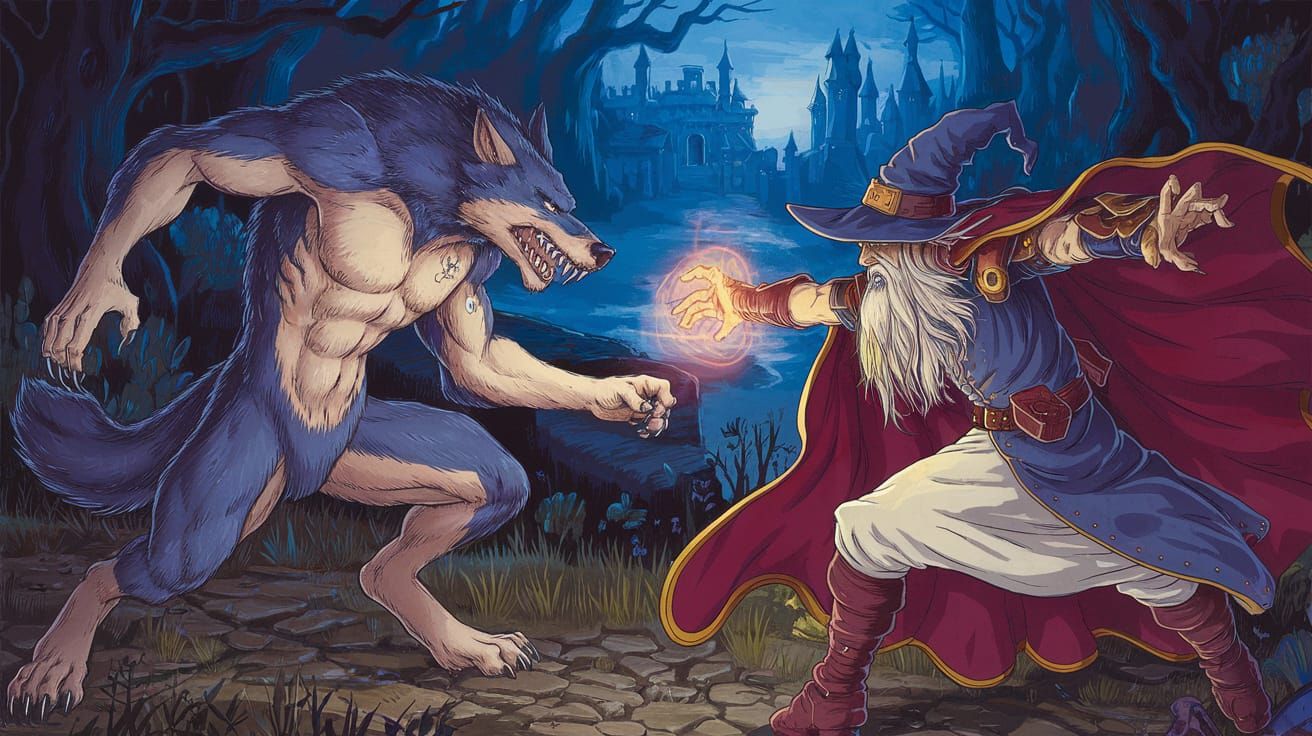 Epic Battle: Werewolf Versus Wizard in Manga Style