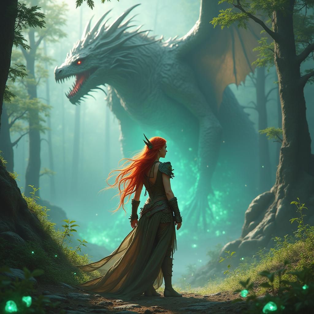 Elven Ranger with Dragon in Misty Forest