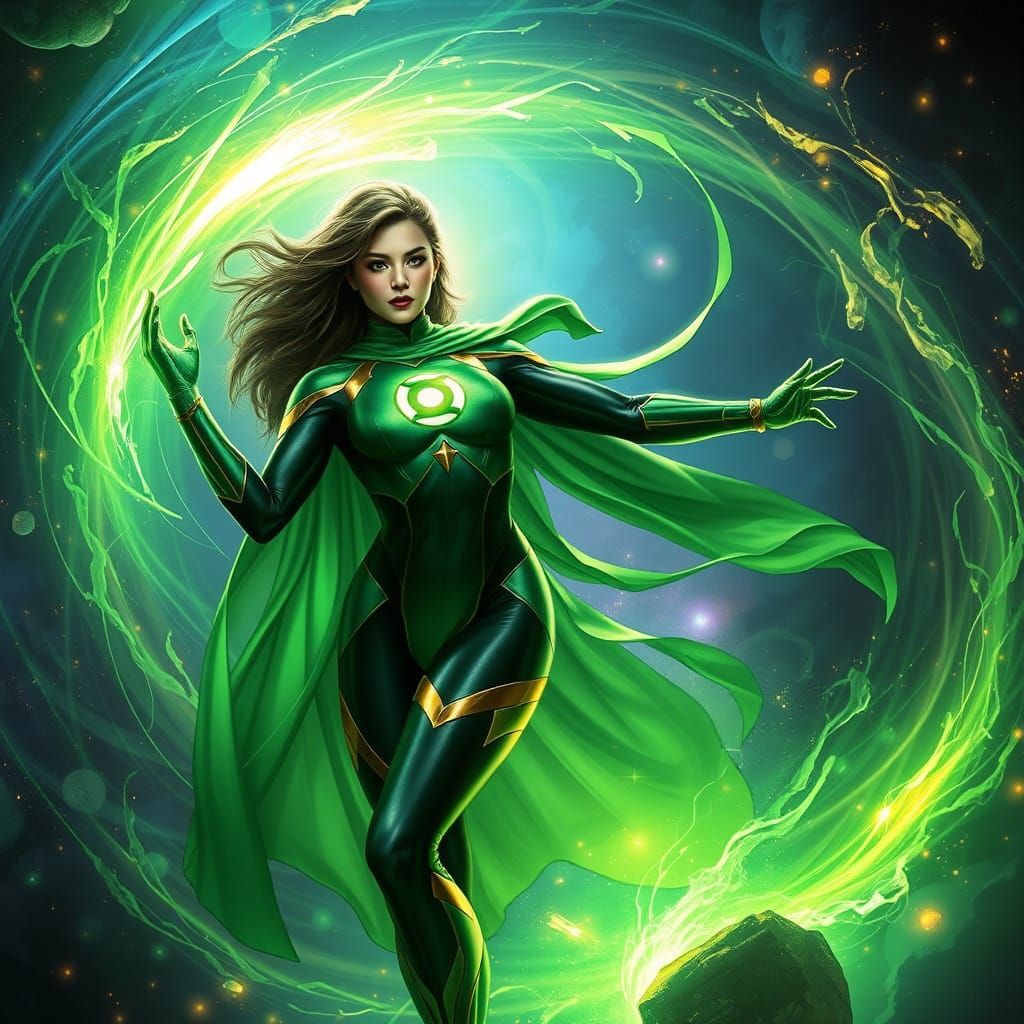 Ethereal Green Lantern Goddess in Swirling Emerald Vortex