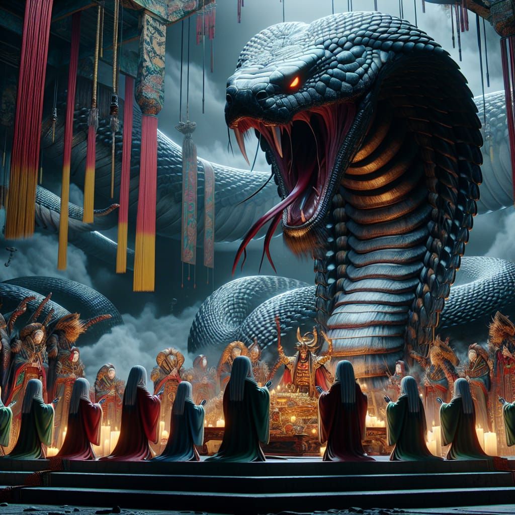 Giant Cobra Worship in Japanese Art Style