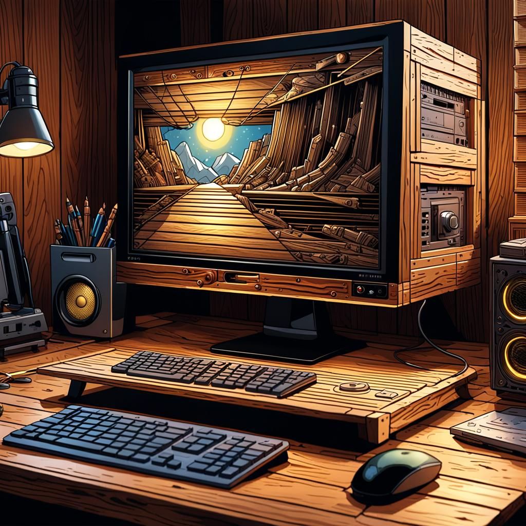 Hardwood Computer in Comic Book Art Style