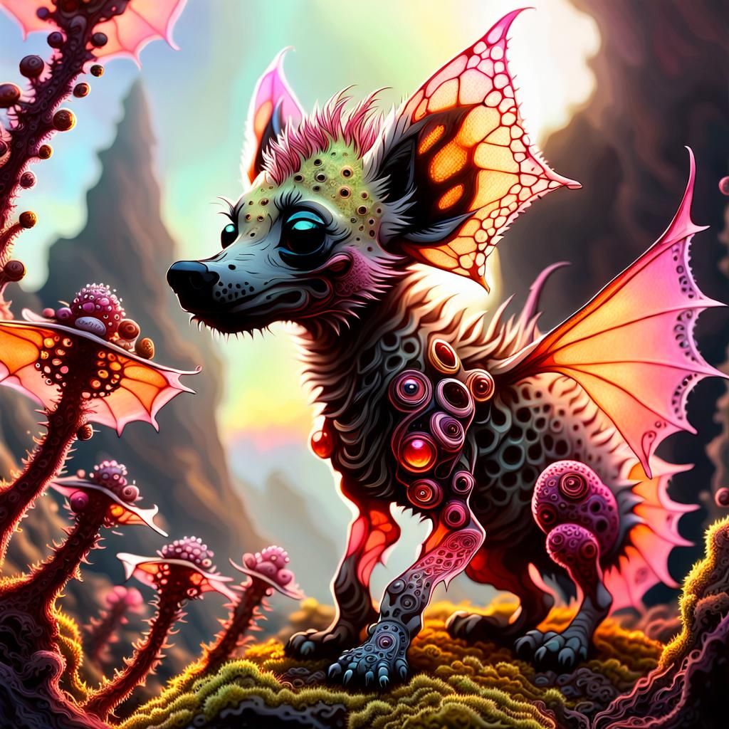 Winged Hyena in Bioluminescent Fractal Garden as Impasto Pai...