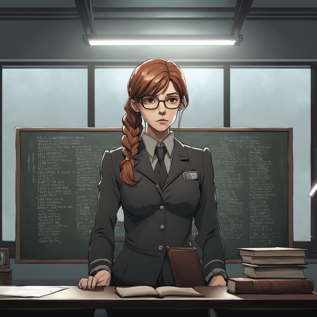 Hyperrealistic Portrait of a Stern Auburn-Haired Professor