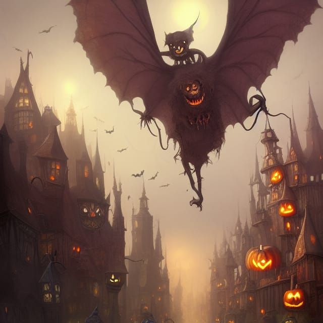 Halloween Fantasy City with Creepy Creatures
