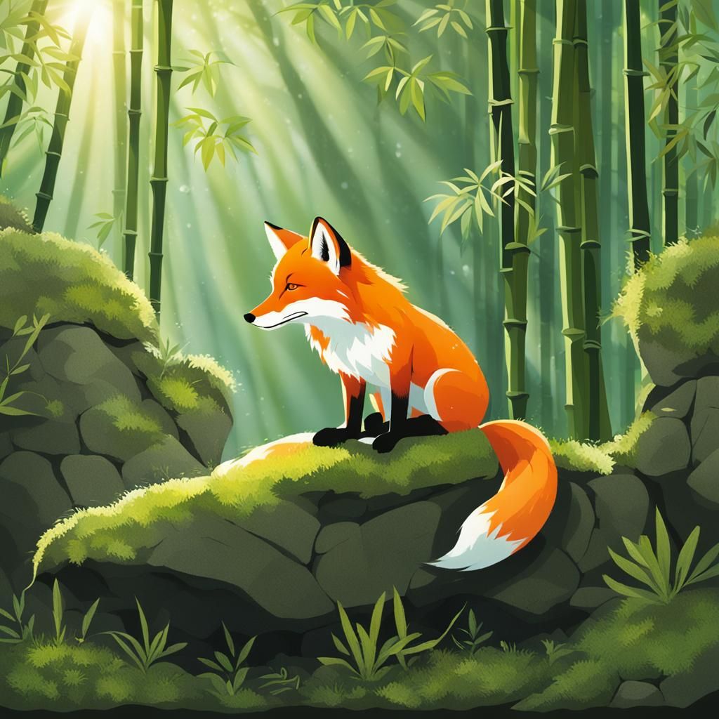 Meditative Fox in Bamboo Forest with Sunlight