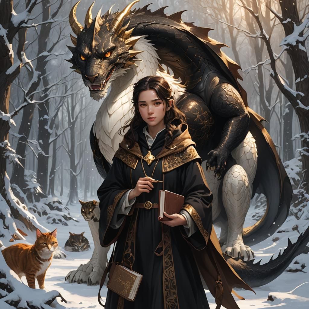 Girl, Dragon, and Cat in Snowy Forest