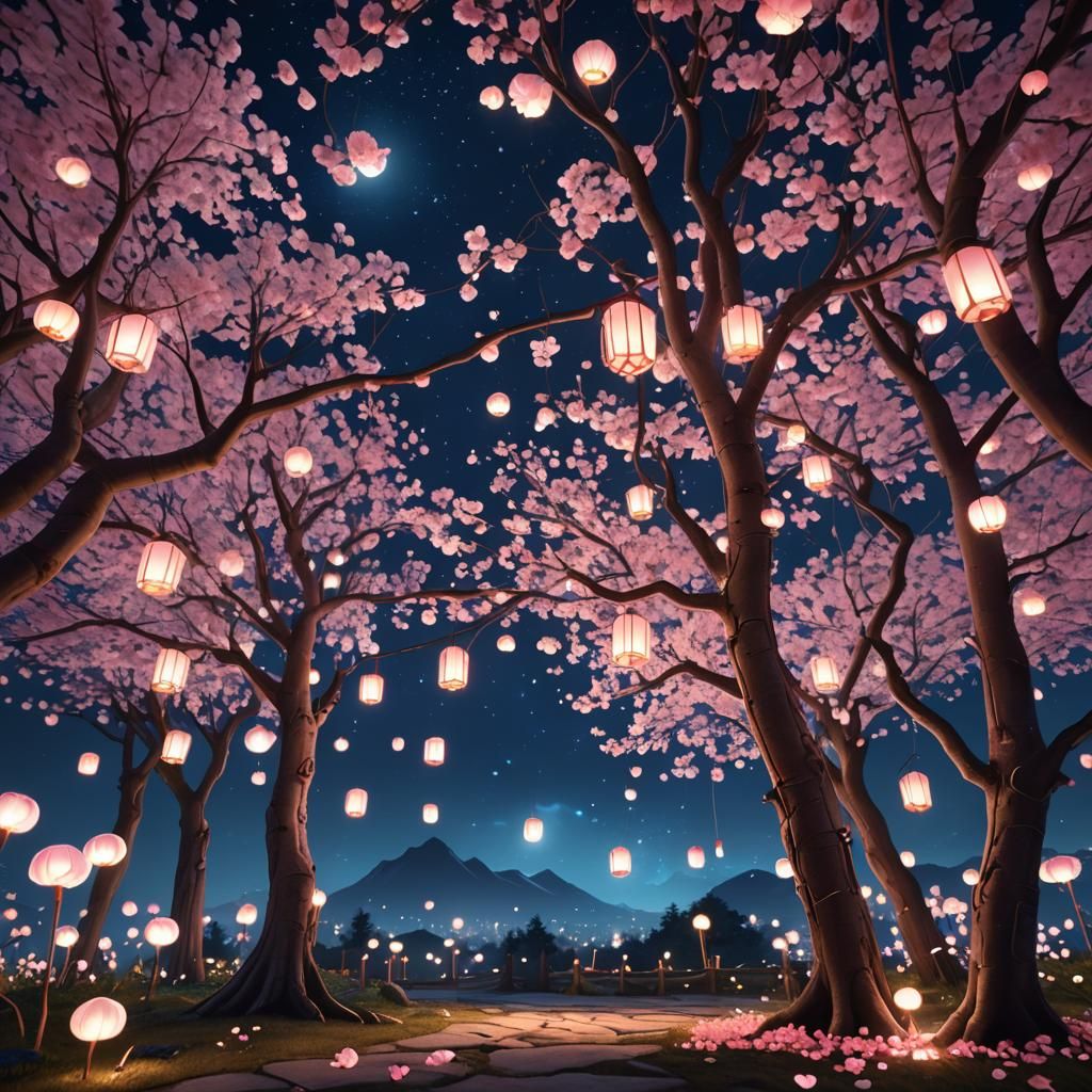Pink Sakura Forest at Night in Art Nouveau Style