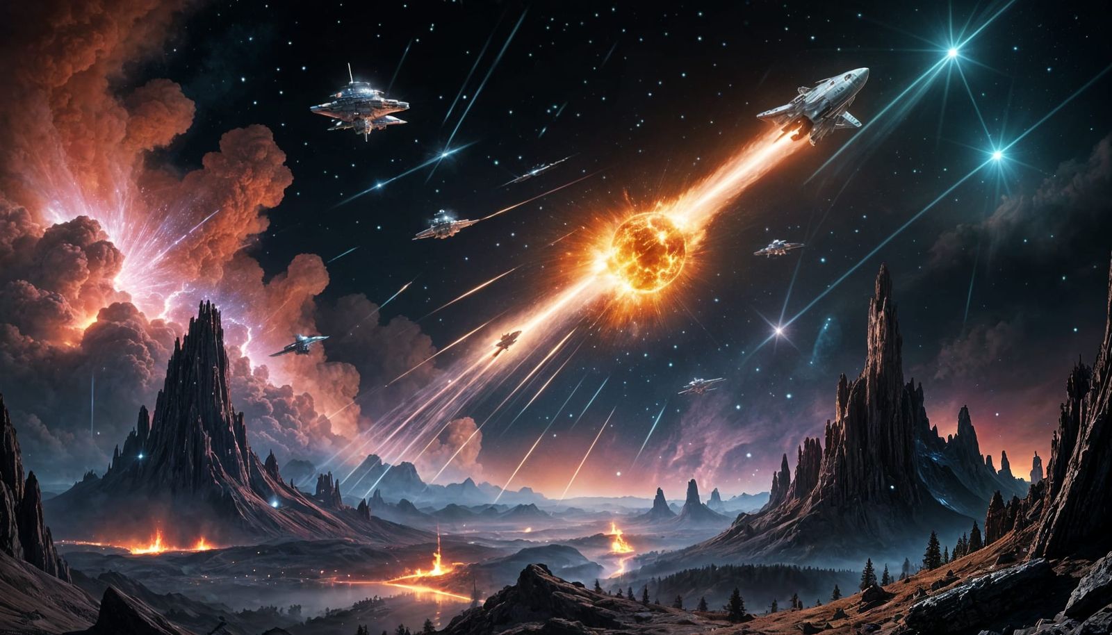 Neon Spaceships Ablaze: Futuristic 3D Rendering