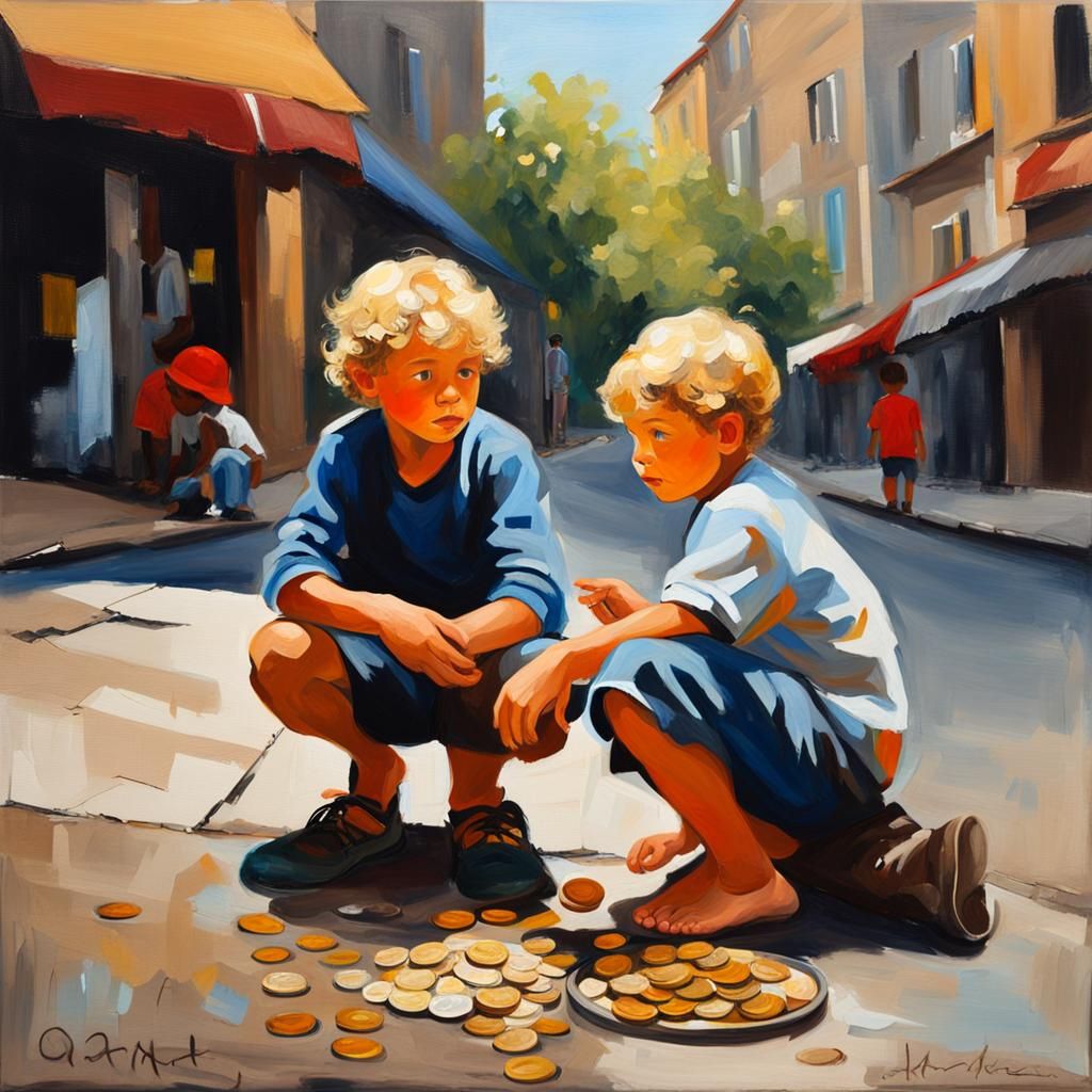 Young Boy Receives Coin: Oil Painting