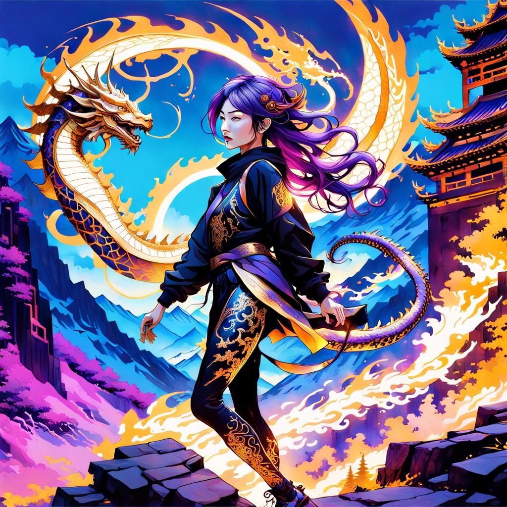 Girl Ascends Mountain with Dragon in Ink Painting Style