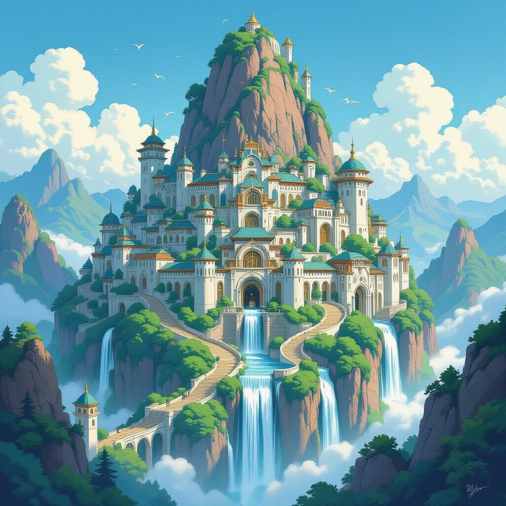 Majestic Mountain City in Studio Ghibli Style