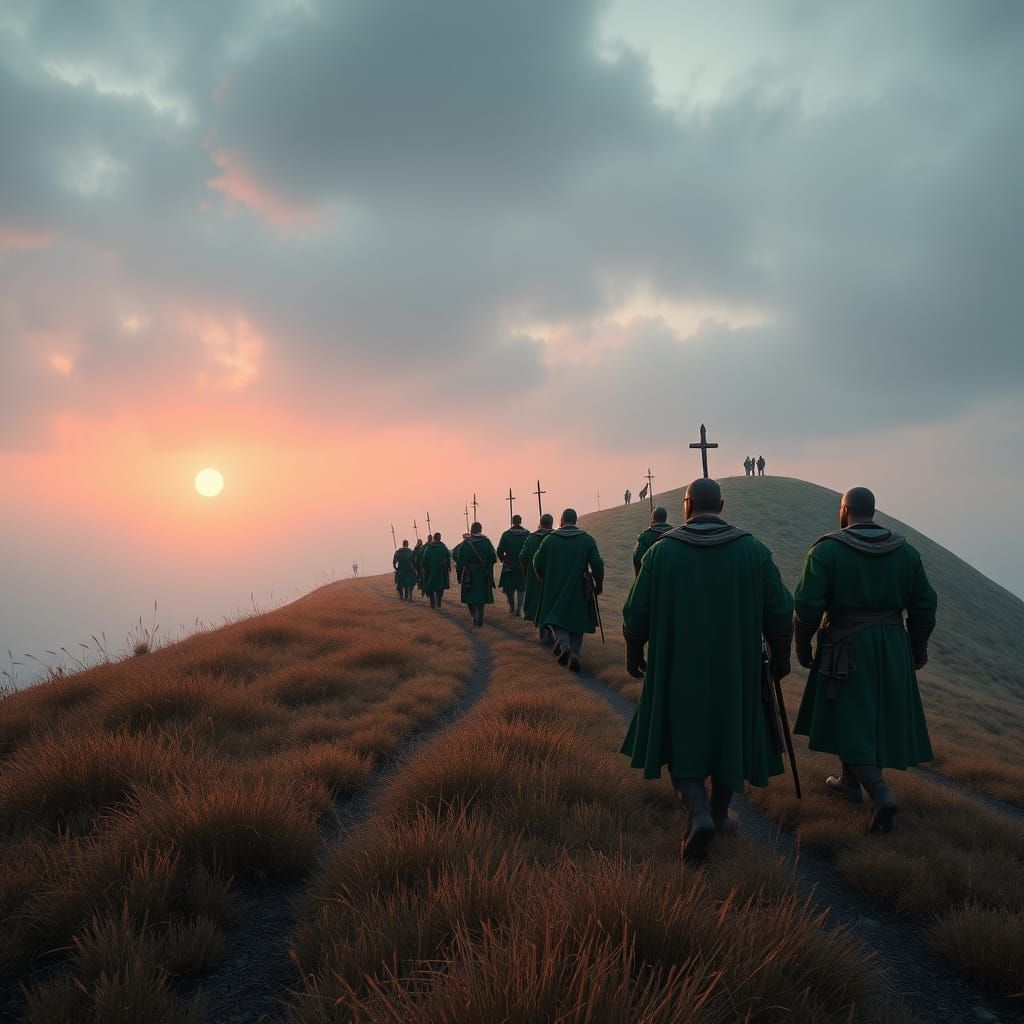 Medieval Soldiers March Up a Fantastical Hill in Winter