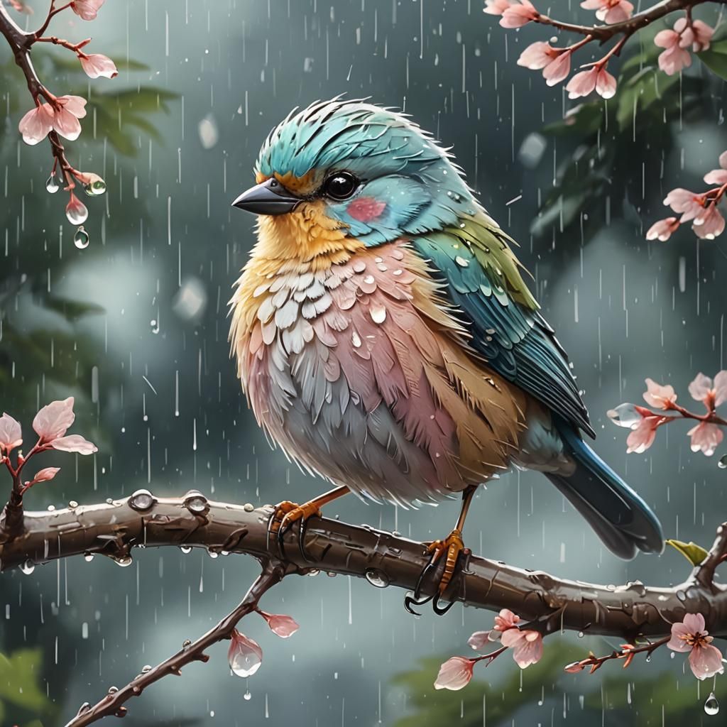 Pastel Bird Portrait in Rainy Vaporwave Style