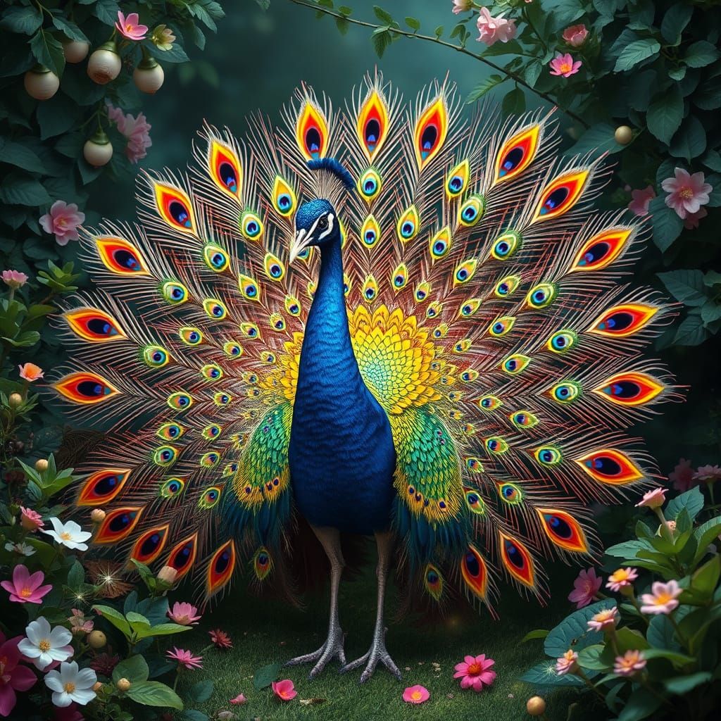 Majestic Peacock Spreading Iridescent Tails in Whimsical Gar...