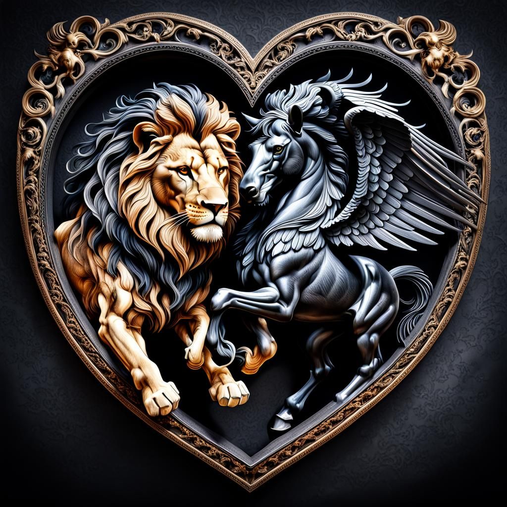 Lion and Pegasus Heart in Hyperrealistic Style
