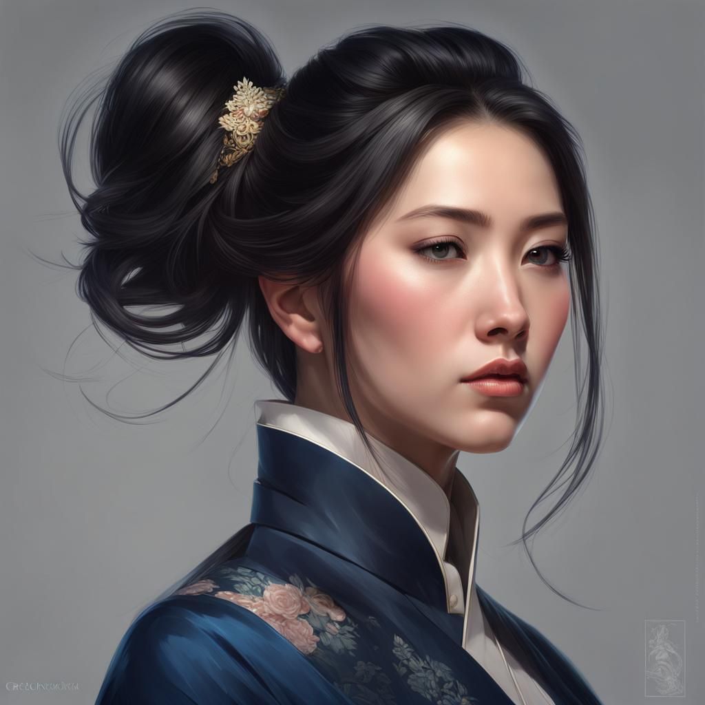 27 year old pretty Chinese mother with black hair in a high ponytail hair :: chubby, overweight :: fancy formal navy dre...