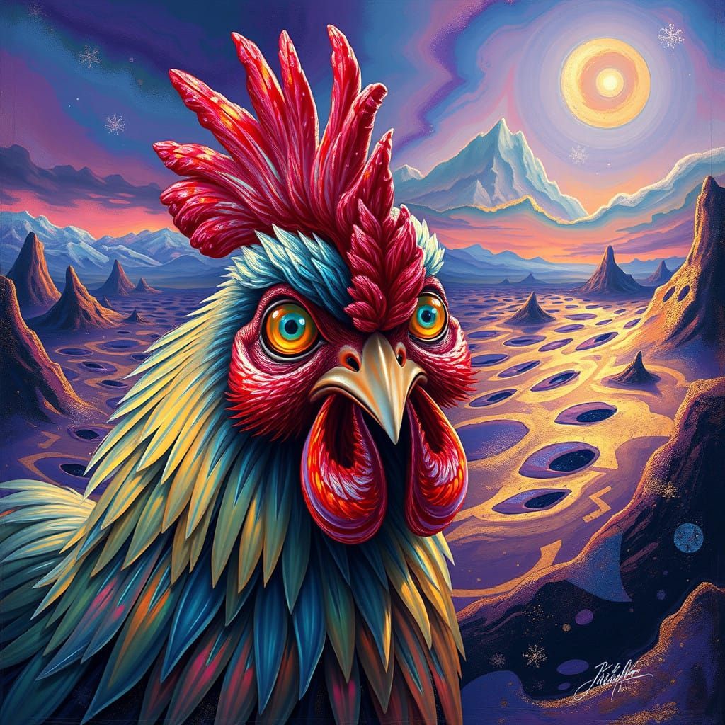Time-Traveling Chicken in Vibrant Dreamlike Landscape