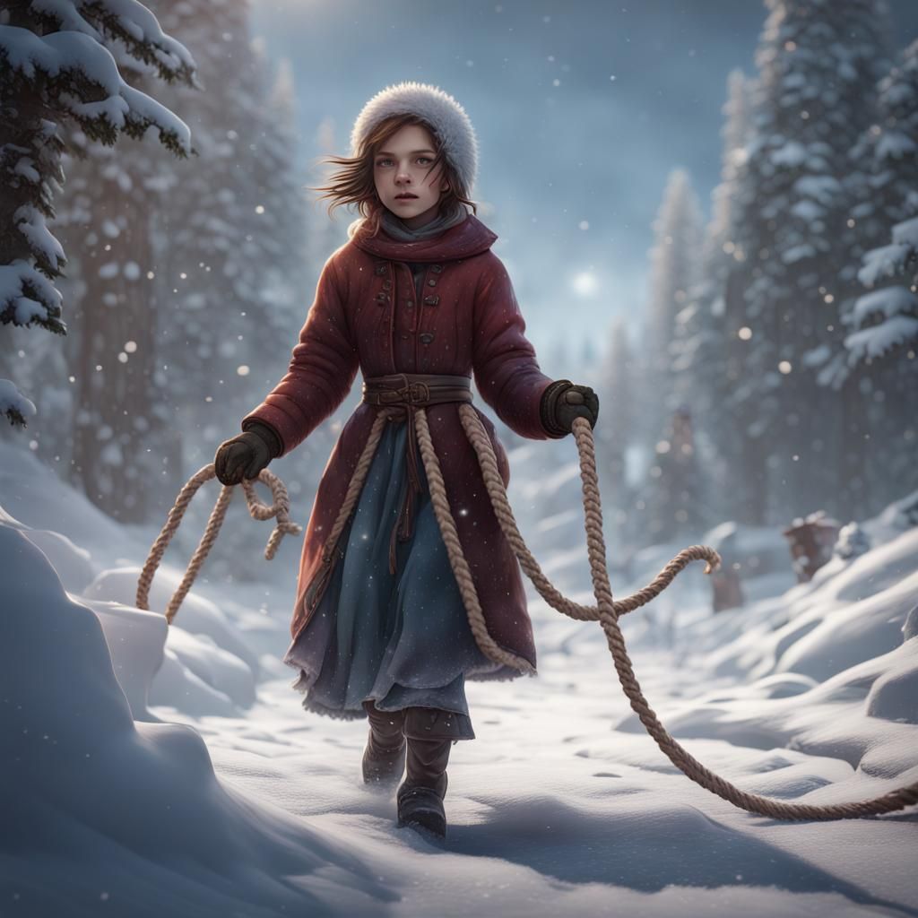 Blind Girl Walks in Snowy Fantasy Landscape