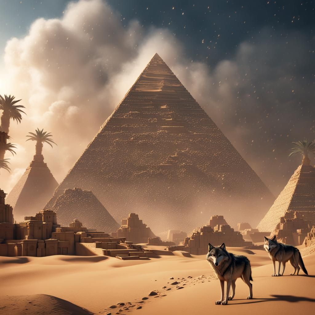 Snowy Egyptian Pyramid with Wolves: Detailed Matte Painting