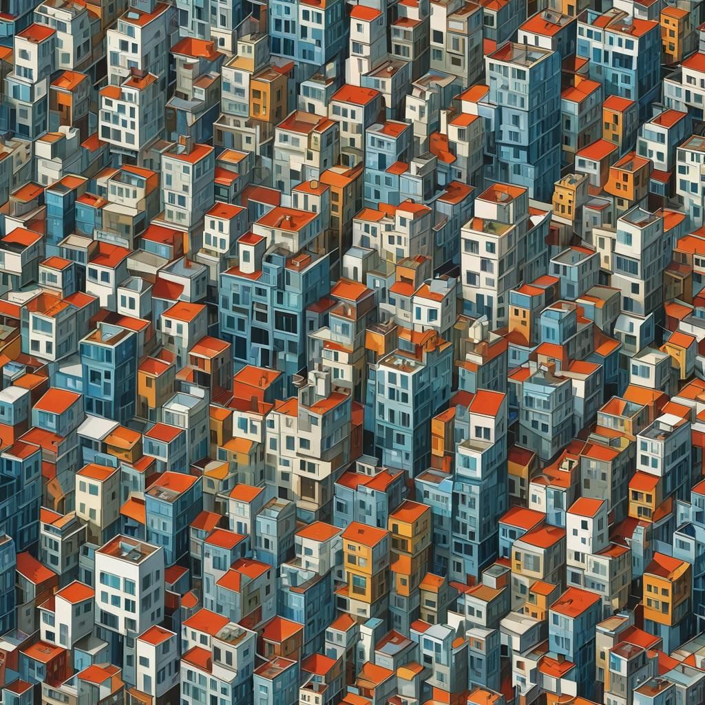 Cubist Cityscape with Geometric Shapes and Dynamic Forms
